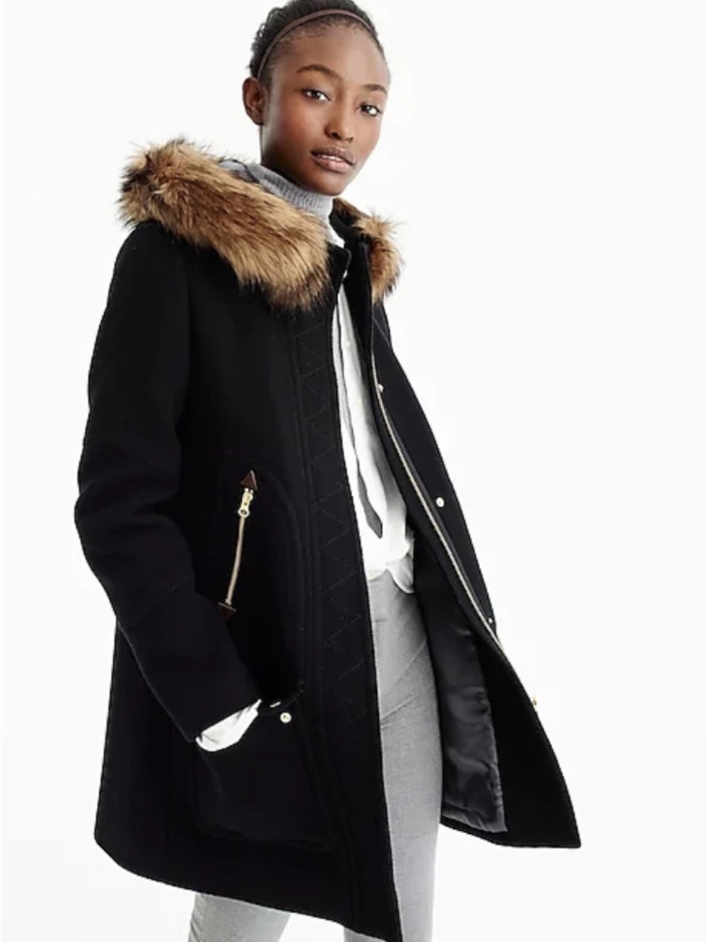 J. Crew chateau parka G9093 black fur trim Italian wool size 6